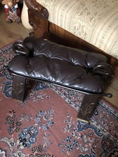 Vintage Camel Foot Stool Black/Brown  Leather Buttoned Seat Inlaid Wood VGC 4age