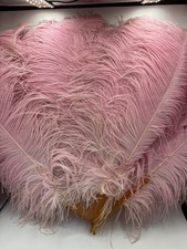 FABULOUS HUGE PINK ANTIQUE BURLESQUE OSTRICH FEATHER LEAF FOLDING HAND FAN (336)