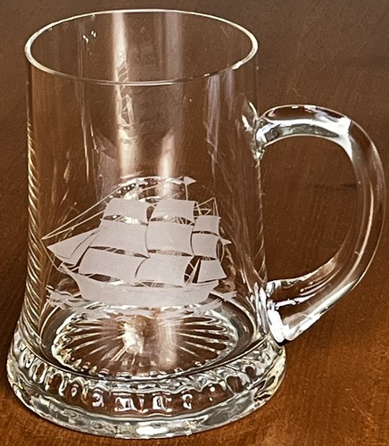Glass tankard etched ship beer - glass,