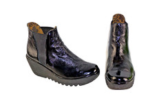 FLY London black patent leather pull on ankle boots UK size 5. EU 38