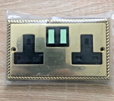 Georgian Polished Brass 2 Gang 13A Switched Socket Black Insert & Surround