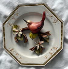 Octagonal Decorative Plate with 3D Bird on a Flower Stem Marked CAPODIMONTE 220E