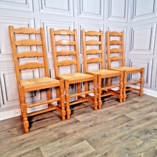 Retro Vintage Set Of 4 Solid Wooden Rush Rope Weave Kitchen Dining Chairs