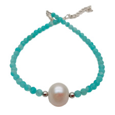Natural Green Peruvian Amazonite White Pearl Bracelet 8"