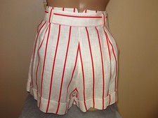Gideon Oberson White Red Stripe Wide Leg Flare Belted Linen Shorts Button Fly S