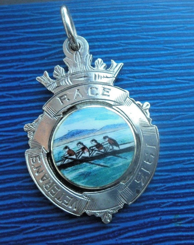 Silver enamel rowing medal fob - rowing,