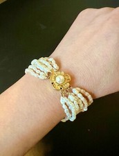 Vintage 9-Strand Genuine Rice Pearl Bracelet 8" Gold Tone Floral Clasp Lustrous