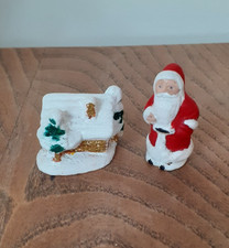 2 vintage bisque Santa  and cottage christmas cake decorations
