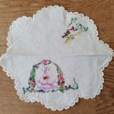 VINTAGE TABLE MATS/DOILIES ~IVORY LINEN HAND WORKED EMBROIDERY FLORAL~10.5"