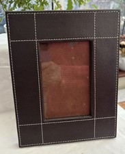 Free-standing photo frame, brown leather, velvet-backed, 4" x 6" photo size