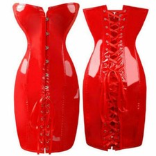Women's Wet Look Black Red Lace Up Corset PVC Dress Bondage Clubwear Body Shaper