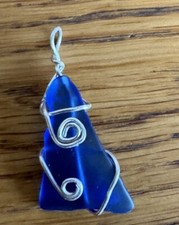 Unique Recycled Glass Pendant, Wire Wrapped (blue)