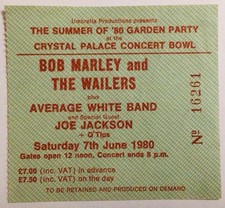 Bob Marley and The Wailers ticket stub from Crystal Palace, last UK concert 1980
