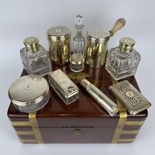 Fine Georgian Brass Bound Mahogany Cased Solid Silver Gilt Dressing Table Set