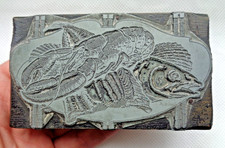 VICTORIAN FISHMONGER? TREEN & METAL PRINTING BLOCK – LOBSTER FISH & SCALLOP