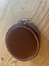 Miniature quartz round travel clock with brown faux leather case