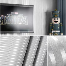 Silver Grey Stripe Wallpaper Rolls Modern Metallic Textured Non-Woven‘Wall Paper