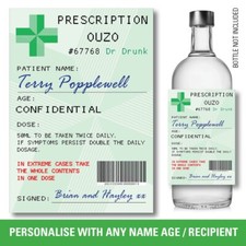 Personalised OUZO Prescription bottle label Sticker Birthday 18th 21st 30th 137