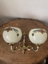 Vintage Dual Lamp Wall Light, Glass Floral Shades, Brass Cottage Core- 13” Wide