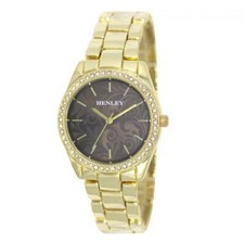 Henley Ladies Bling Etched Patterned Brown Dial & Gold plated Bracelet Watch