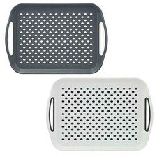 2 x ANTI-SLIP PLASTIC SERVING TRAY WITH HIGH GRIP RUBBER SURFACE - WHITE & GREY