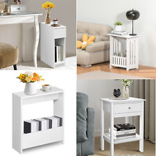 Tall Slim Bedside Table with Shelf and Drawer Narrow Side Table Plant Stand Unit