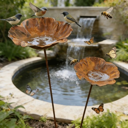 Metal bird bath - metal, flower