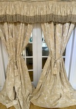  BESPOKE HEAVY QUALITY SOFT GOLD/CREAM JACQUARD DAMASK CURTAINS/ PELMET PAIR 2 