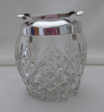 Vintage glass sugar bowl with SOS Pascell's Patents tongs - lid has maker's mark
