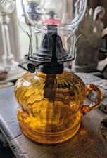 Vintage Amber Glass Finger Oil Lamp & Chimney Autumnal Country Cottage Interior