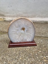 Natural Polished Brazilian Agate Geode Half with White Quartz Crystalline Center