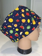 Navy Bright Fruit Design Satin lined Fabric Scrub Hat Cap Doctor Theatre Nurse