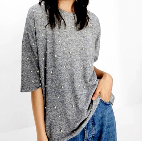 Zara trafaluc grey beaded - grey, crew