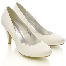 Womens Bridal Wedding Mid Heel Ladies Ivory White Silver Prom Party Shoes Size