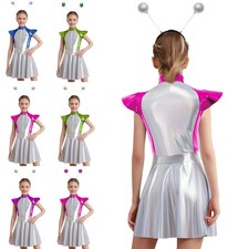 Kids Girls Halloween Alien Cosplay Costume Metallic Dress Outfit With Hair Hoop