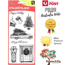Christmas Stamps, Ice Skates, Toboggan, Door Wreath, Old Car & Tree, Inkadinkado