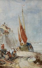 Signed Original Vintage Watercolour Painting Fishing boat & Figures on the coast