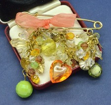 Vintage Brooch 1990s Large Multi Colour Drops Safety Pin Goldtone Jewellery