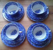 4 x COPELAND SPODE ITALIAN TEA PLATES CUPS SAUCERS BLUE & WHITE BACKSTAMP VGC