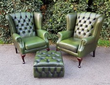 MATCHING PAIR OF MAHOGANY & GREEN LEATHER WINGBACK CHESTERFIELD ARMCHAIRS