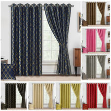 METALLIC FOIL PRINTED JACQUARD PATTERN THERMAL BLACKOUT CURTAINS EYELET RING TOP
