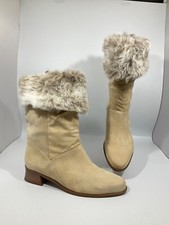 MARKON size 8 beige mid calf boot genuine suede leather faux fur trim never used