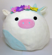 WASHED SQUISHMALLOWS BELANA THE COW FLOWERS  CROWN MINT GREEN CREAM SOFT TOY 13"