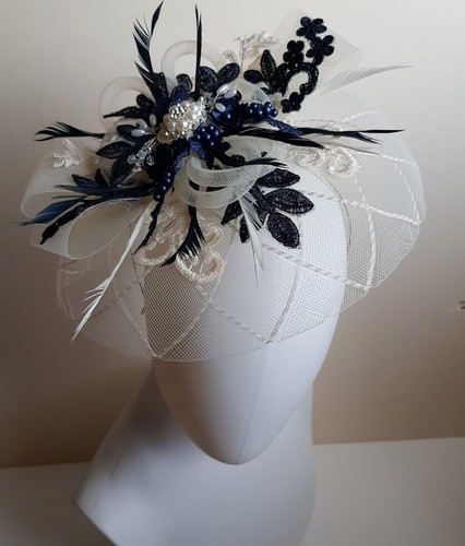 Cream and navy blue fascinator - and,