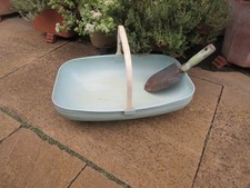 Vintage pale turquoise blue plastic garden trug basket & trowel prop display