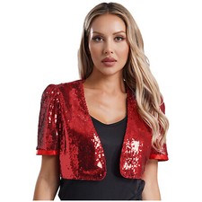 Women Glitter Sequin Short Sleeve Open Front Crop Bolero Shrug Cardigan Jacket