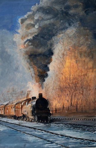 Original painting steam - , train