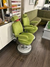 TWO PROFESSIONAL BARBER / BEAUTY CHAIRS – STUNNING GREEN – FULLY REUPHOLSTERED
