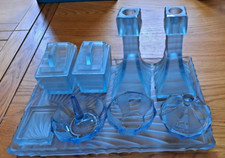 Vintage Art Deco Blue Glass Dressing Table Vanity Set 9 Piece-Highly Collectable