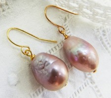 ? Beautiful Large Natural South Sea Pink Purple Baroque Pearl Dangle Earrings
